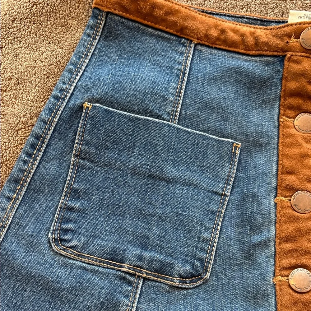 American Rag Blue Denim A-Line Skirt with Brown Trim - Picture 2 of 4